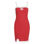 Sexy red Christmas annual party dress with white fur trim, high waist, and hip split detail