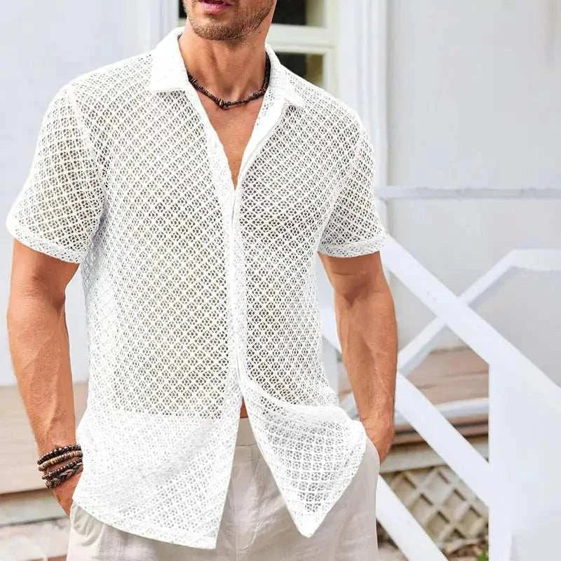 Men's summer mesh short sleeve shirt white lapel beachwear casual top