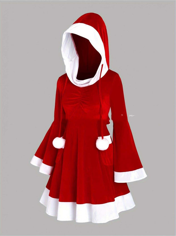 Red Gold Velvet COS Christmas party A-line hooded dress with white trim and long sleeves