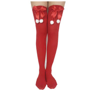 Red Christmas stockings with knitted polyester fabric, featuring bows and white pom-poms, holiday party socks.