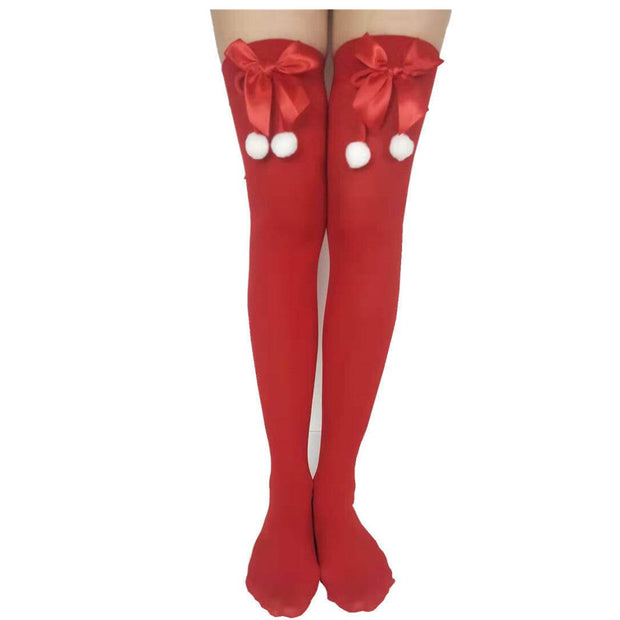 Red Christmas stockings with knitted polyester fabric, featuring bows and white pom-poms, holiday party socks.