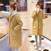 All-matching cotton-padded women's over-the-knee rhombus plaid loose plus size hooded jacket in ginger yellow