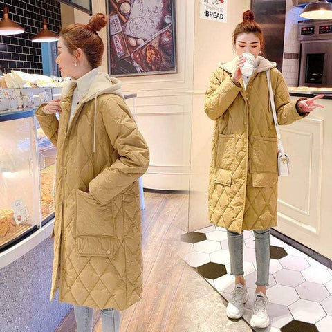 All-matching cotton-padded women's over-the-knee rhombus plaid loose plus size hooded jacket in ginger yellow