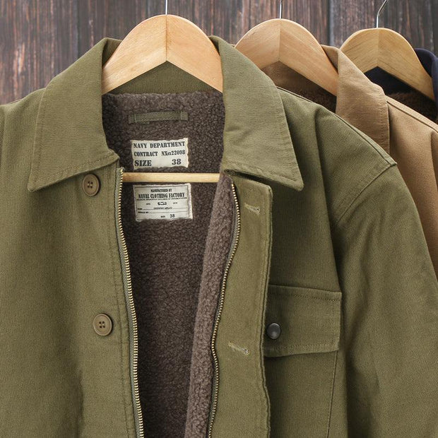 Men padded work clothes thickened cotton jacket with velvet lining in khaki, army green, and brown colors on wooden hangers