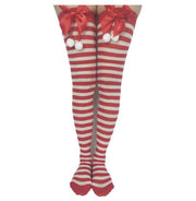 Christmas stockings style red and white striped knee-high socks with red bows and white pom-poms
