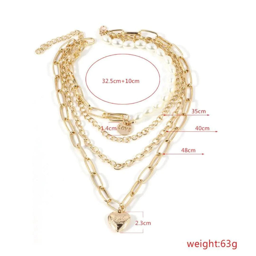 Jester Necklace - Dazzling Chain with Pearls & Heart with measurements and details