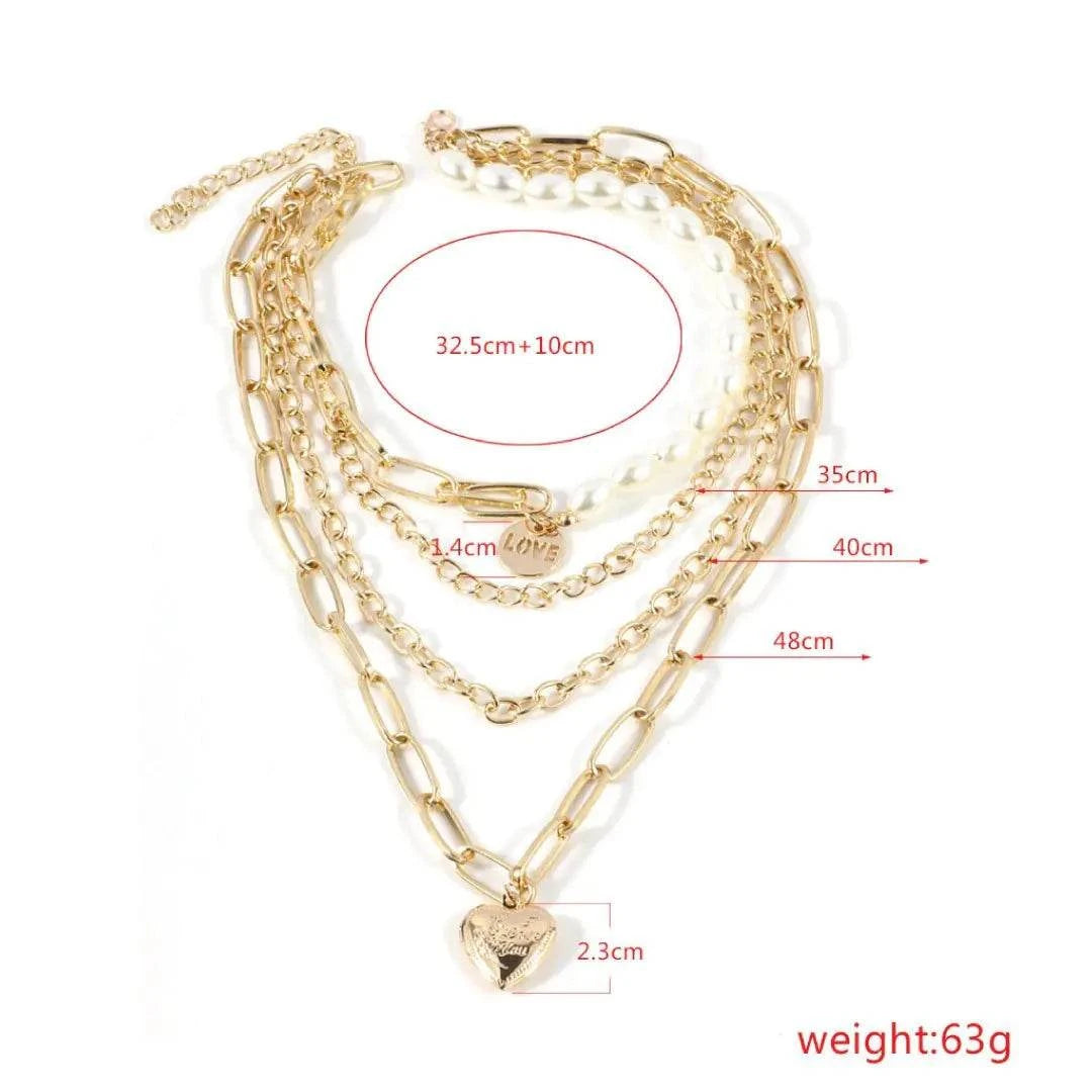 Jester Necklace - Dazzling Chain with Pearls & Heart with measurements and details
