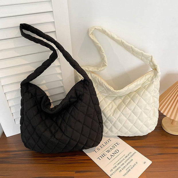 Black and white nylon quilted warm totes shoulder bags for women winter shopping large soft handle tote bags with zipper closure