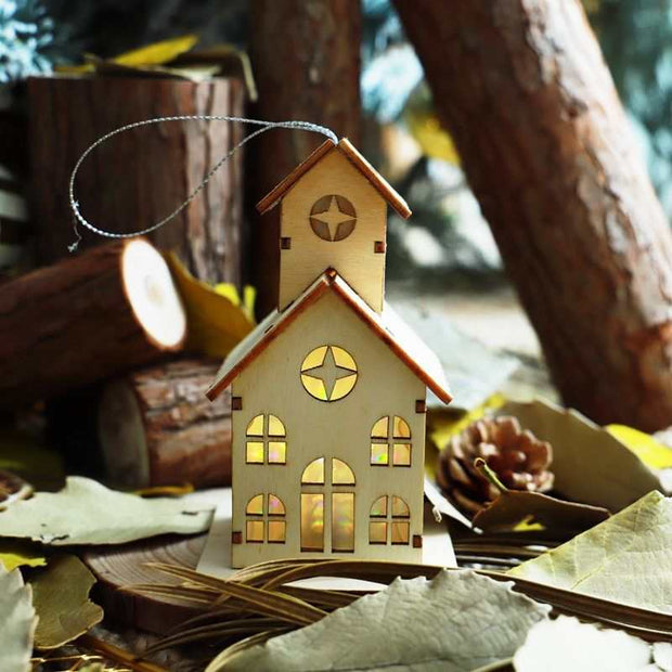 Luminous wooden Christmas house decoration with LED lights and hanging string for festive decor