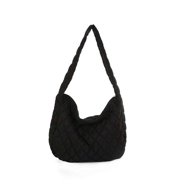 Black nylon warm totes shoulder bag for women with quilted soft surface and zipper closure