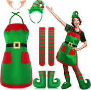 Christmas elf costume set with green apron, striped socks, elf hat, shoe covers, and elf ears for festive cosplay