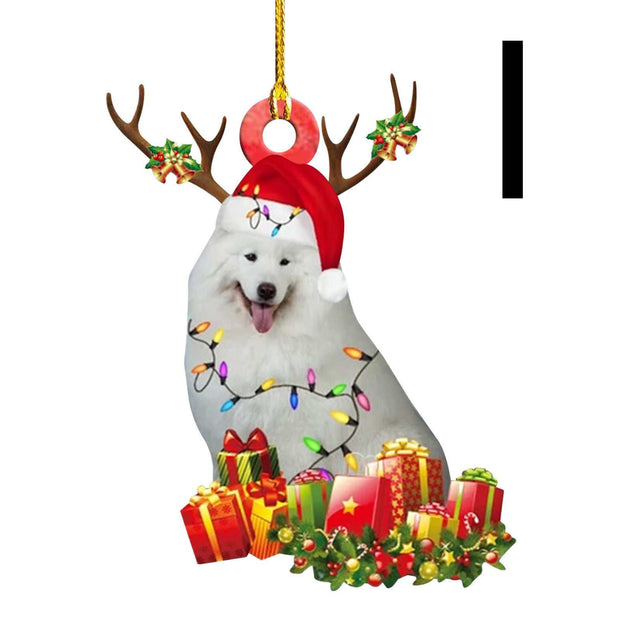 Christmas wooden pendant decoration with dog wearing Santa hat and antlers, surrounded by gift boxes and holiday lights