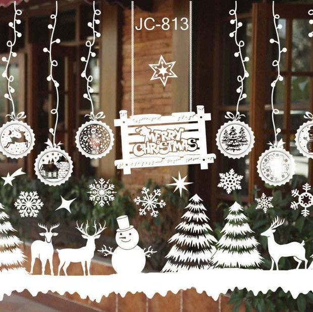 White PVC Christmas window stickers featuring reindeer, snowman, Christmas trees, snowflakes, and hanging ornaments with "Merry Christmas" sign