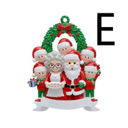 Christmas wooden pendant decoration featuring Santa, Mrs. Claus, elves, and wreath with red bow