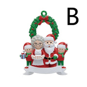 Christmas wooden pendant decoration featuring Santa, Mrs. Claus, elves, and wreath with red bow