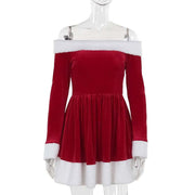 Women's Christmas costume red velvet Santa dress with plush trim and off-shoulder neckline