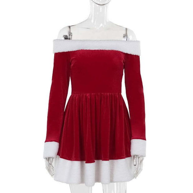 Women's Christmas costume red velvet Santa dress with plush trim and off-shoulder neckline