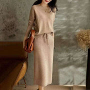 Knitted Loose Slimming Top With Skirt Two-piece Set For Women