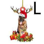 Christmas wooden pendant decoration with dog in Santa hat and antlers surrounded by gifts