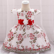white floral embroidered fluffy baby girls dress with red and white flowers for birthday party children's clothing