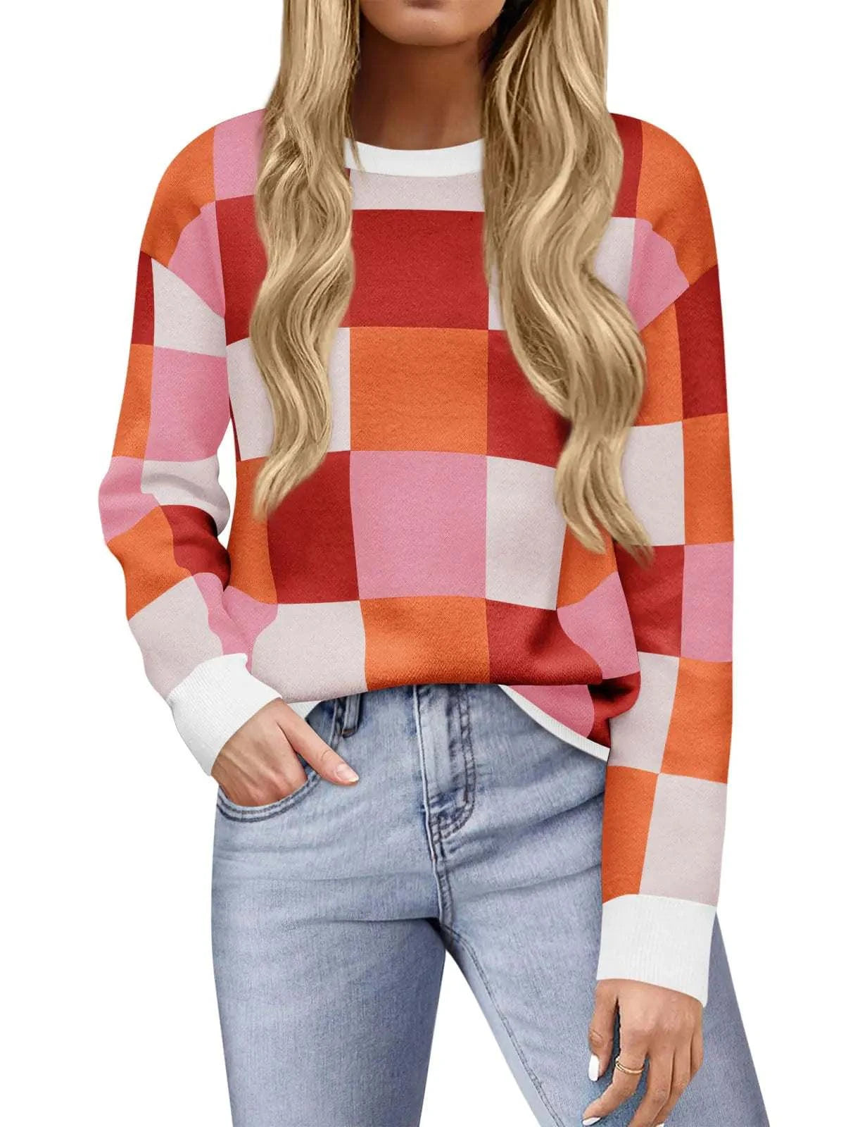 Yousify womens sweater red plaid cashmere knit pullover winter clothes XL size