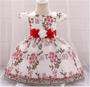 Floral embroidered baby girl's fluffy dress with red and white flower belt for summer children's clothing