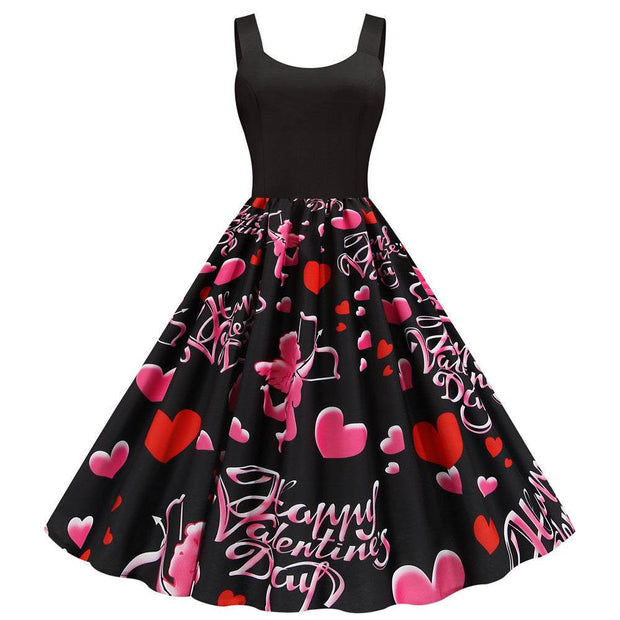 Black sleeveless party dress with Valentine's Day print featuring pink cupids, hearts, and "Happy Valentine's Day" text