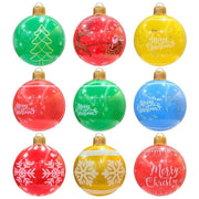 Set of colorful inflatable Christmas balls with festive designs including trees, snowflakes, reindeer, and "Merry Christmas" text for outdoor garden decoration