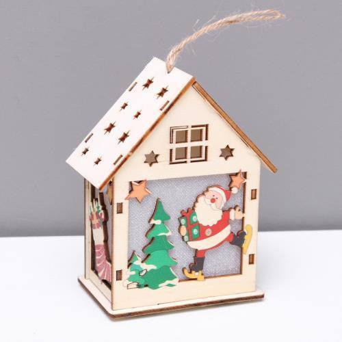Wooden Christmas house decoration with LED lights featuring Santa and tree designs