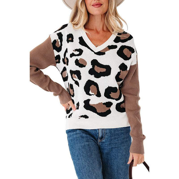 Fashionable Leopard Print Printed V-neck Knitted Sweater
