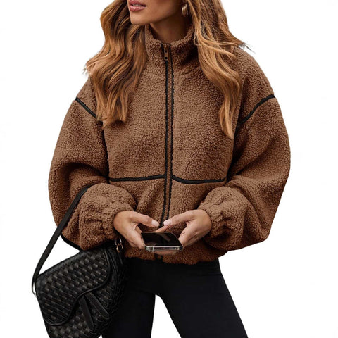 Brown Berber fleece jacket with contrast black piping and stand-up collar for women