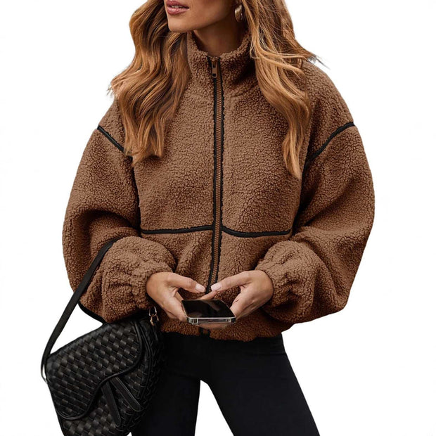 Brown Berber fleece jacket with contrast black piping and stand-up collar for women