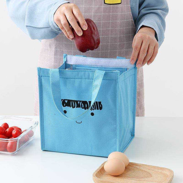 Blue insulated thermal lunch bag with cartoon design for food storage and picnic use