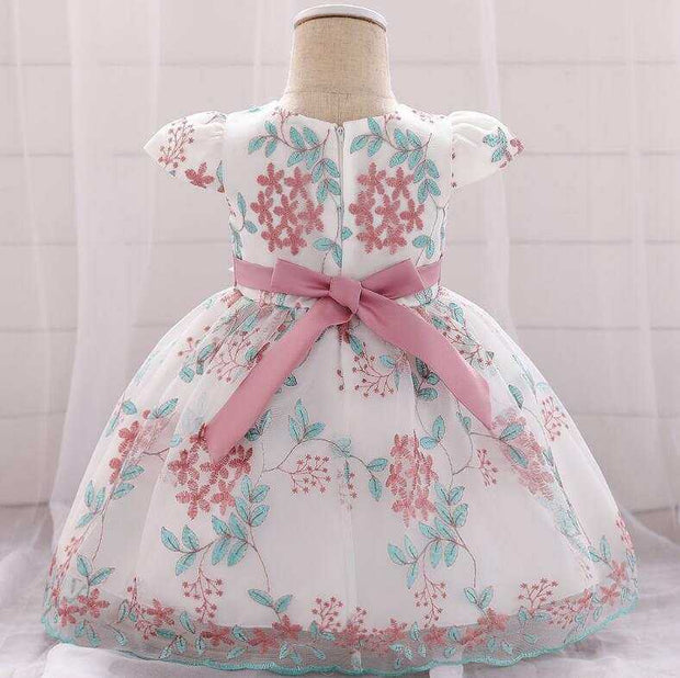 floral girls children's summer dress with pink sash for birthday or wedding party