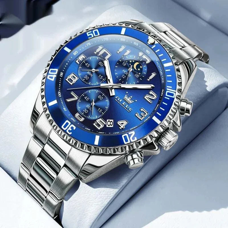 Men's multi-function sports watch with blue dial and silver metal strap