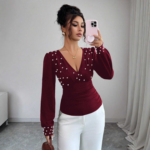 V-neck Pearl Solid Color Long Sleeved Fitted T-shirt Women