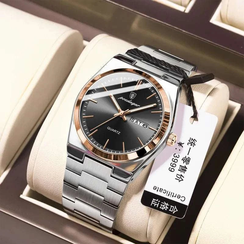 Ultra-thin Men's Watch Waterproof Luminous Quartz Watch showcased on a cushion display with a sleek design.