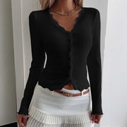 V-neck Lace Stitching Anti-stripe Cardigan Women's Top