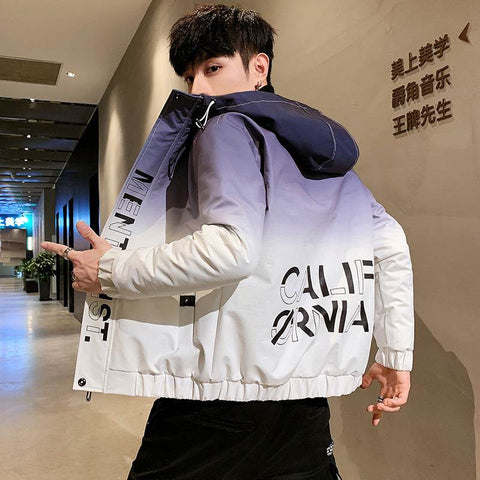 Men's thin gradient coat in purple with elastic hem and printed design, suitable for winter leisure wear