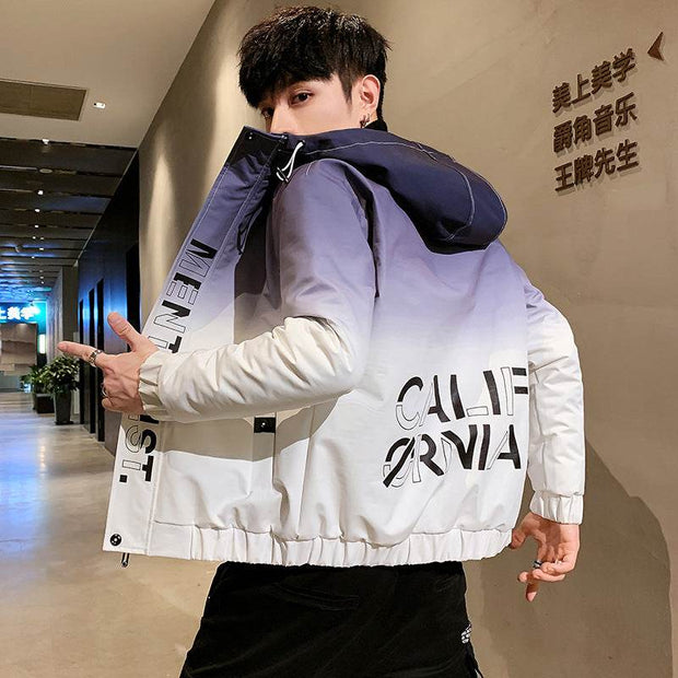 Men's thin gradient coat in purple with elastic hem and printed design, suitable for winter leisure wear