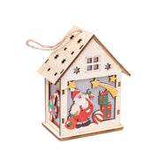 Wooden Christmas house decoration with LED lights featuring Santa and gifts, luminous Christmas decoration.
