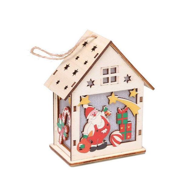 Wooden Christmas house decoration with LED lights featuring Santa and gifts, luminous Christmas decoration.