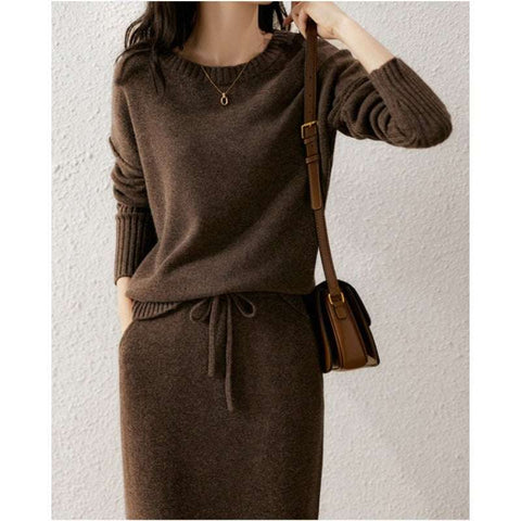 Knitted Loose Slimming Top With Skirt Two-piece Set For Women