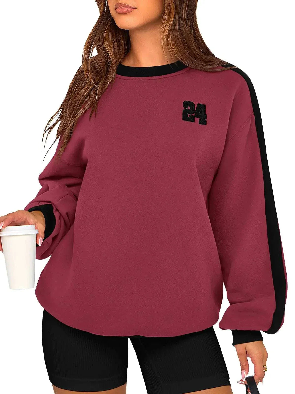 PRETTYGARDEN oversized women's sweatshirt in burgundy with black stripe detail and "24" graphic, cozy cotton-poly blend casual crewneck pullover