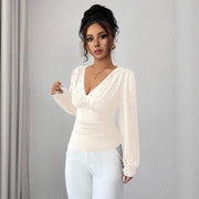 V-neck Pearl Solid Color Long Sleeved Fitted T-shirt Women