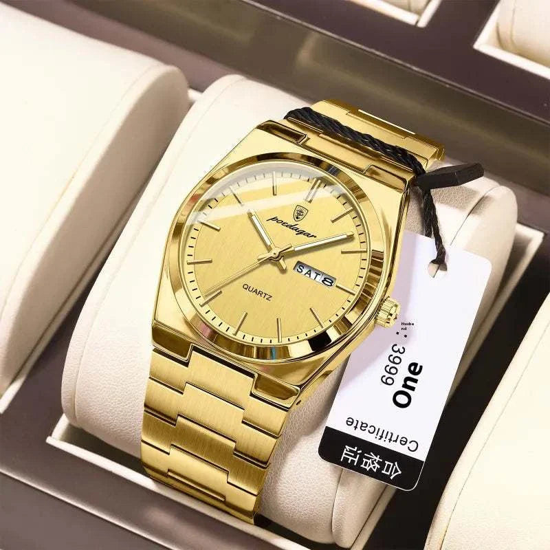 Ultra-thin Men's Watch Waterproof Luminous Quartz Watch on a display, showcasing its gold color and elegant design.