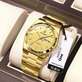 Ultra-thin Men's Watch Waterproof Luminous Quartz Watch on a display, showcasing its gold color and elegant design.