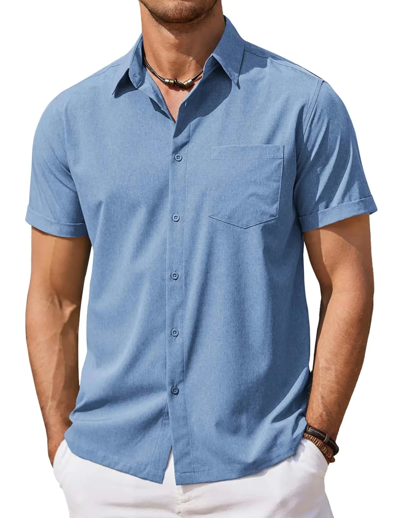COOFANDY Button Down Shirt men's blue short sleeve casual linen texture beachwear summer shirt
