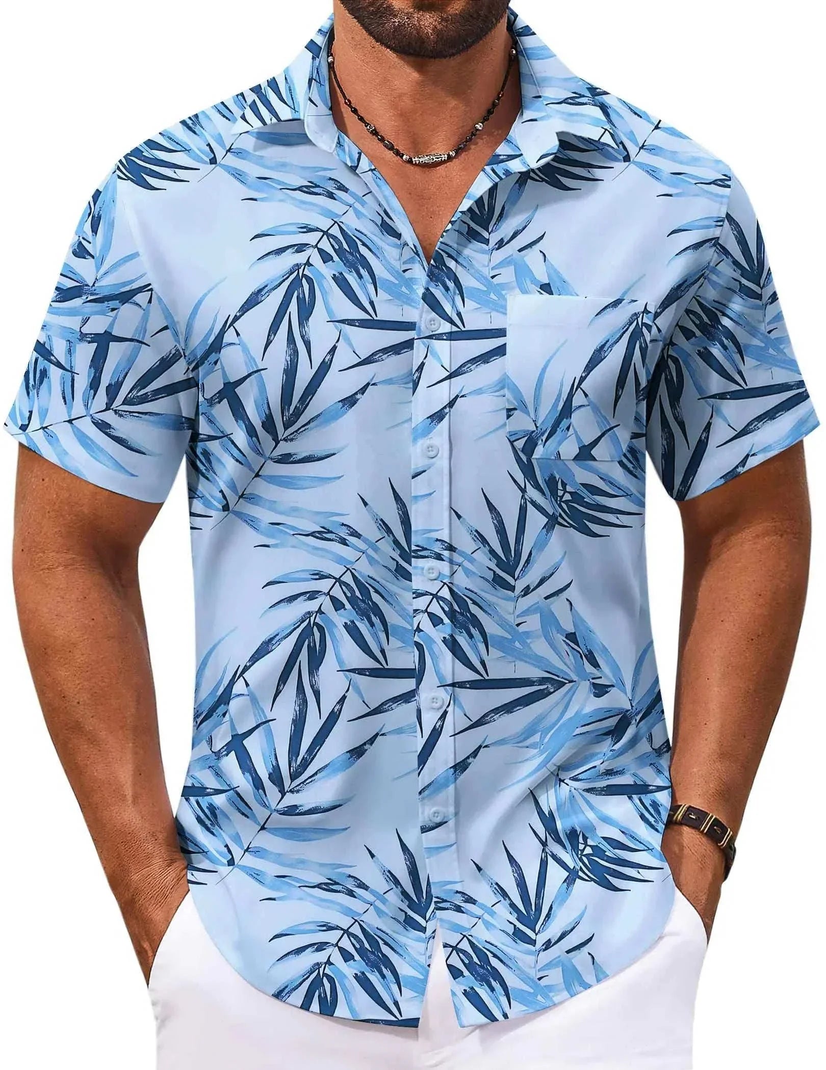COOFANDY men’s summer beach shirt with blue tropical leaf print, short sleeves, lightweight breathable fabric, and chest pocket.