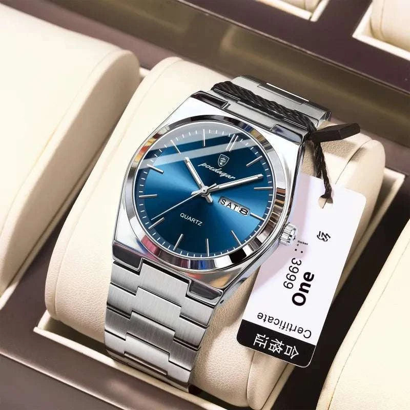 Ultra-thin Men's Watch Waterproof Luminous Quartz Watch displaying a sleek blue dial and silver bracelet on a watch display.